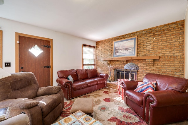413 Weinland St, New Carlisle, OH 45344 - living area with healthy amount of natural light, a brick fireplace, and brick wall