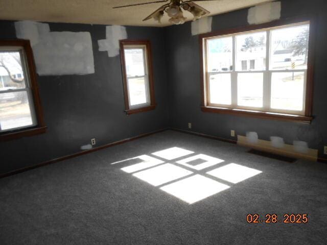 carpeted empty room featuring a ceiling fan, a wealth of natural light, and baseboards