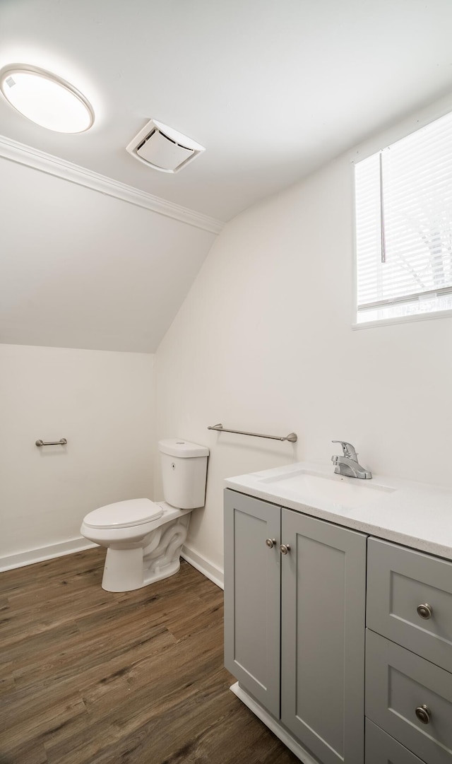bathroom with vaulted ceiling, wood finished floors, vanity, baseboards, and toilet