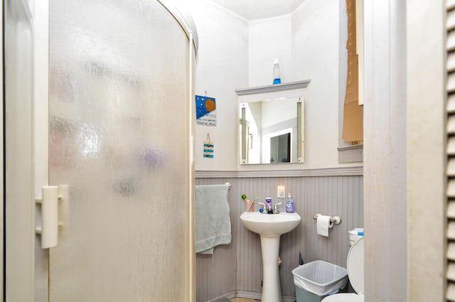 full bathroom featuring a stall shower, wainscoting, a sink, and toilet