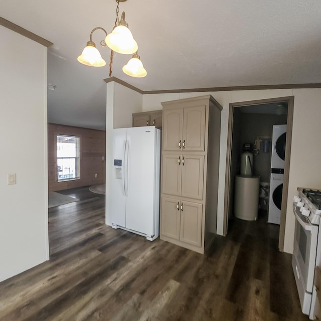 11524 Powhattan Path, Lakeview, OH 43331 - kitchen with white appliances, stacked washer and clothes dryer, dark wood-style flooring, pendant lighting, and ornamental molding