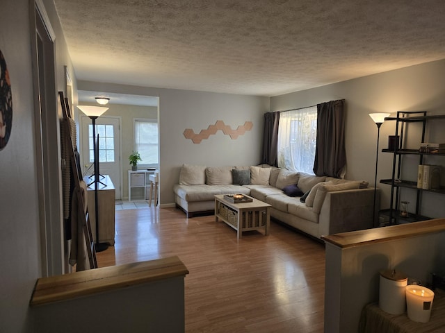 living area with wood finished floors and a textured ceiling