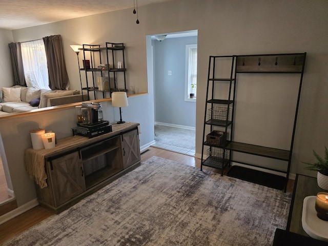 living area with wood finished floors and baseboards