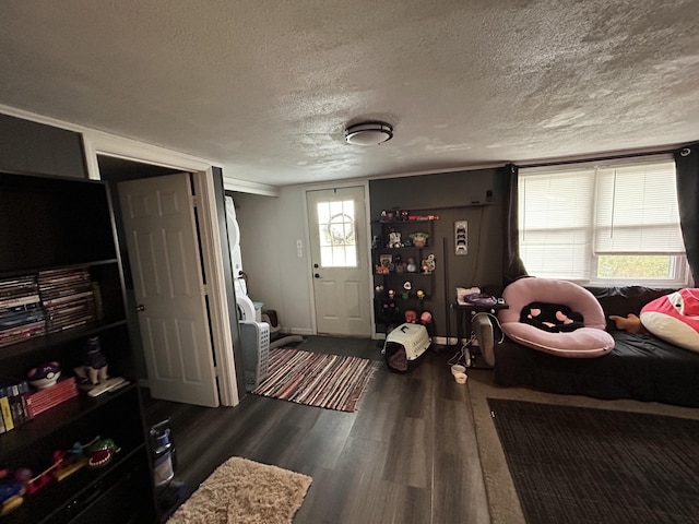 entryway with dark wood-style flooring, a textured ceiling, and a wealth of natural light