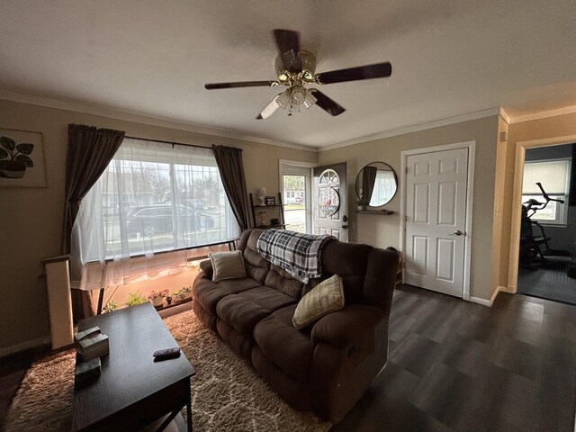 living room featuring dark wood finished floors, baseboards, ornamental molding, and a ceiling fan