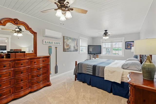 14506 Maple Ave, Lakeview, OH 43331 - bedroom with a wall mounted AC, light carpet, baseboards, and a ceiling fan
