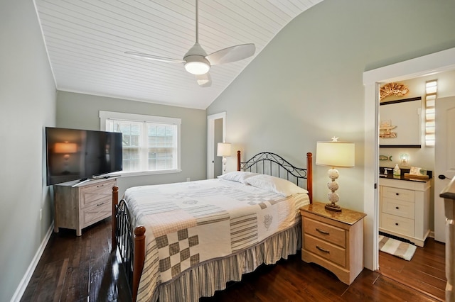 14506 Maple Ave, Lakeview, OH 43331 - bedroom with lofted ceiling, dark wood finished floors, a ceiling fan, and baseboards