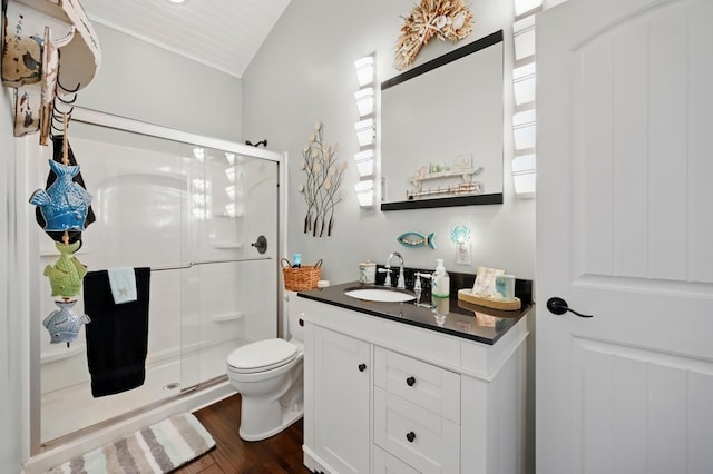 14506 Maple Ave, Lakeview, OH 43331 - full bath featuring wood finished floors, vanity, a stall shower, toilet, and vaulted ceiling