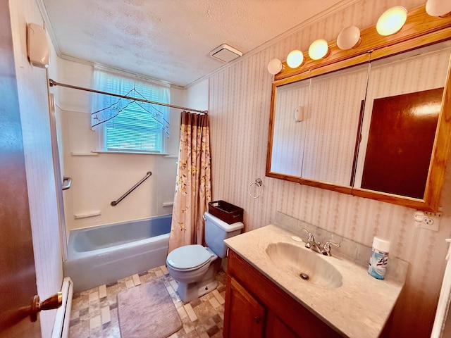 7188 Clark Dr, Russells Point, OH 43348 - bathroom featuring a baseboard radiator, a textured ceiling, vanity, shower / bath combination with curtain, and crown molding