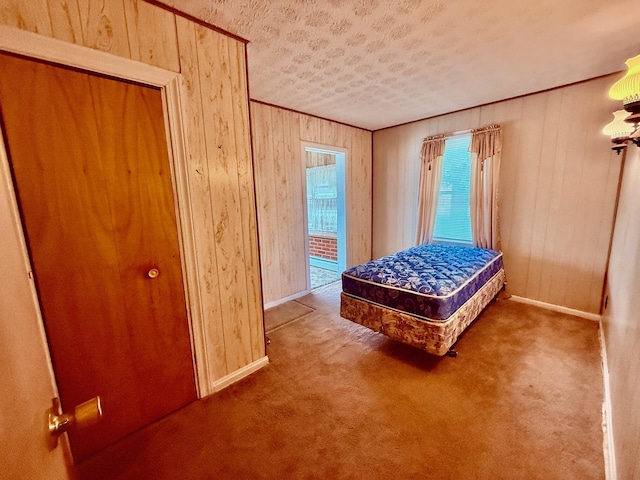 7188 Clark Dr, Russells Point, OH 43348 - carpeted bedroom with wood walls and a textured ceiling