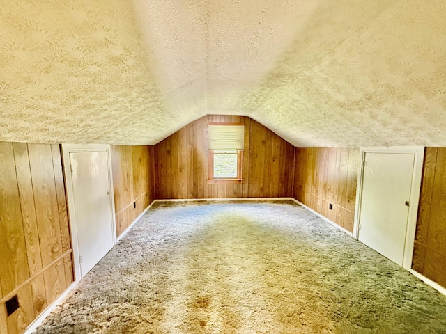 7188 Clark Dr, Russells Point, OH 43348 - bonus room featuring a textured ceiling, carpet flooring, vaulted ceiling, and wooden walls