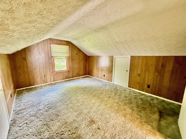 7188 Clark Dr, Russells Point, OH 43348 - additional living space featuring vaulted ceiling, wood walls, a textured ceiling, and carpet