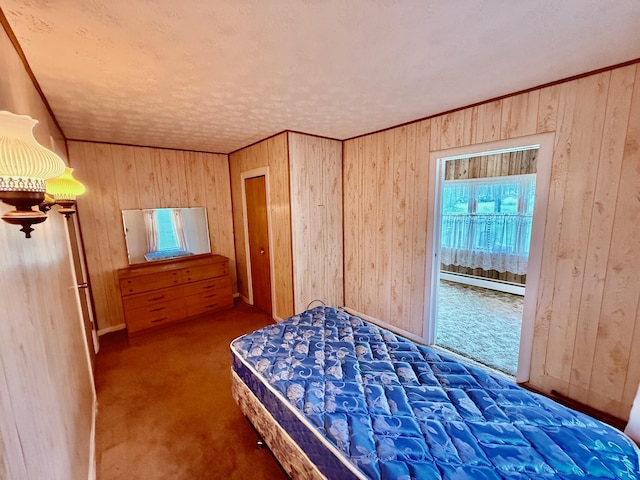 7188 Clark Dr, Russells Point, OH 43348 - bedroom with a baseboard heating unit, wood walls, carpet, and a textured ceiling