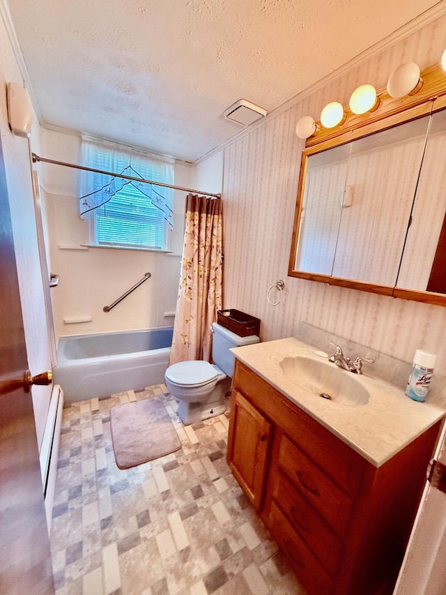 7188 Clark Dr, Russells Point, OH 43348 - full bathroom featuring tile patterned floors, a baseboard radiator, vanity, a textured ceiling, and shower / bathtub combination with curtain