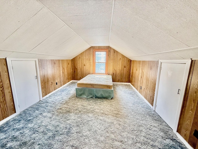 7188 Clark Dr, Russells Point, OH 43348 - unfurnished bedroom with wood walls, carpet, a textured ceiling, and lofted ceiling