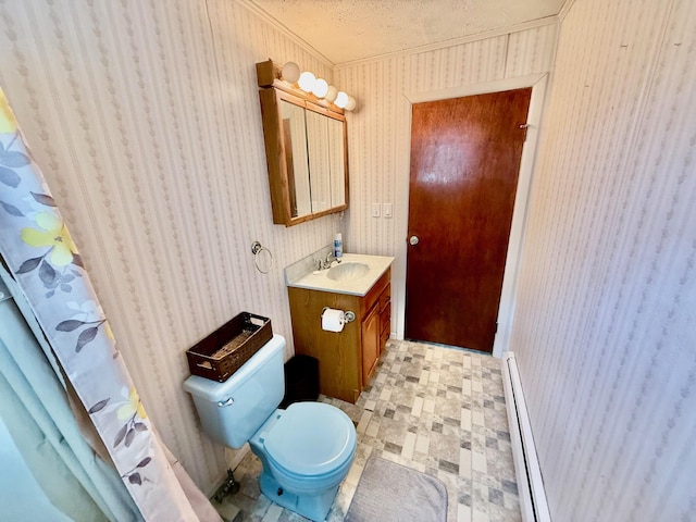 7188 Clark Dr, Russells Point, OH 43348 - bathroom featuring a baseboard heating unit, vanity, wallpapered walls, and crown molding