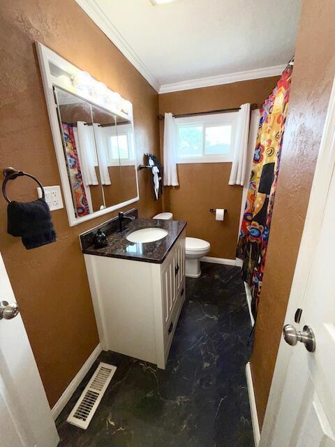 271 N Ludlow St, Covington, OH 45318 - bathroom featuring vanity, ornamental molding, and a shower with curtain