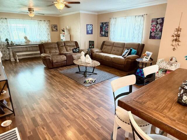 271 N Ludlow St, Covington, OH 45318 - living area featuring wood finished floors, ceiling fan, and ornamental molding