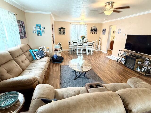 271 N Ludlow St, Covington, OH 45318 - living area featuring wood finished floors, crown molding, and a ceiling fan