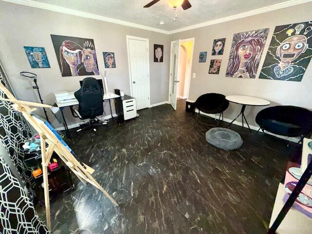 271 N Ludlow St, Covington, OH 45318 - office featuring a ceiling fan, ornamental molding, and marble finish flooring