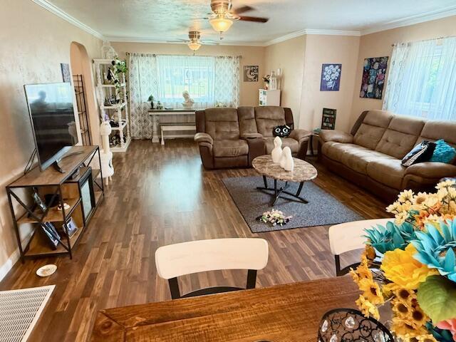 271 N Ludlow St, Covington, OH 45318 - living area featuring a ceiling fan, wood finished floors, ornamental molding, and arched walkways