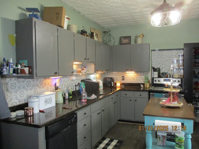 kitchen with black dishwasher, electric range, dark hardwood / wood-style floors, and decorative backsplash