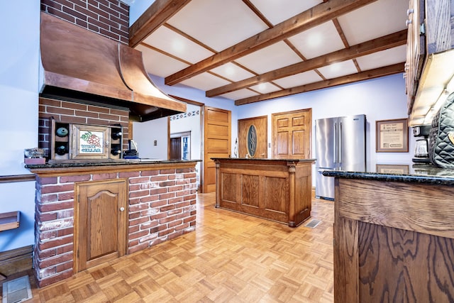 103 N Boggs St, De Graff, OH 43318 - kitchen featuring high end fridge, beamed ceiling, and a kitchen island