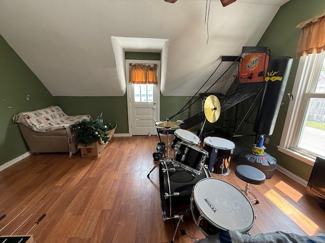 612 W Spring St, Saint Marys, OH 45885 - playroom featuring vaulted ceiling, baseboards, wood finished floors, and ceiling fan