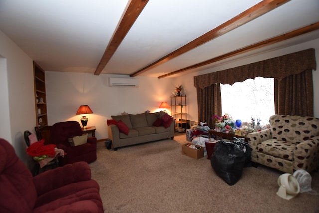 carpeted living room with beam ceiling and a wall mounted air conditioner