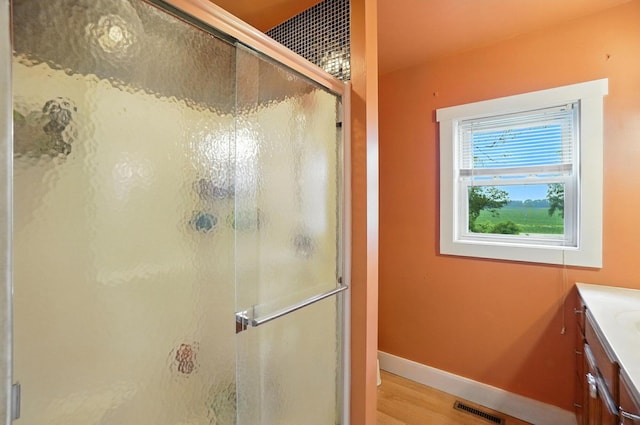 5638 Old Rte 70, Springfield, OH 45502 - full bath with vanity, a stall shower, and wood finished floors