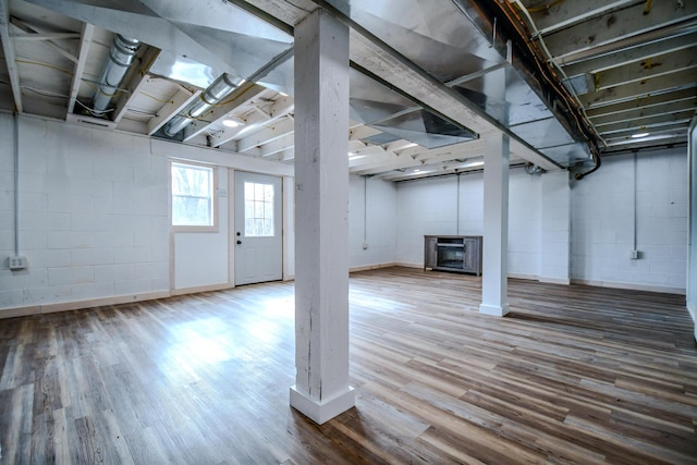 basement with hardwood / wood-style floors