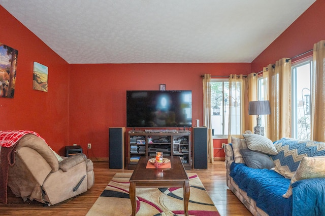 living room featuring light hardwood / wood-style flooring, a textured ceiling, and vaulted ceiling