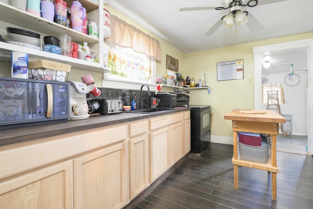 208 E Main St, Belle Center, OH 43310 - kitchen with black appliances, dark wood-type flooring, open shelves, a ceiling fan, and light brown cabinets