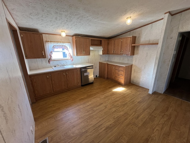 kitchen with wood finished floors, a sink, vaulted ceiling, under cabinet range hood, and dishwasher