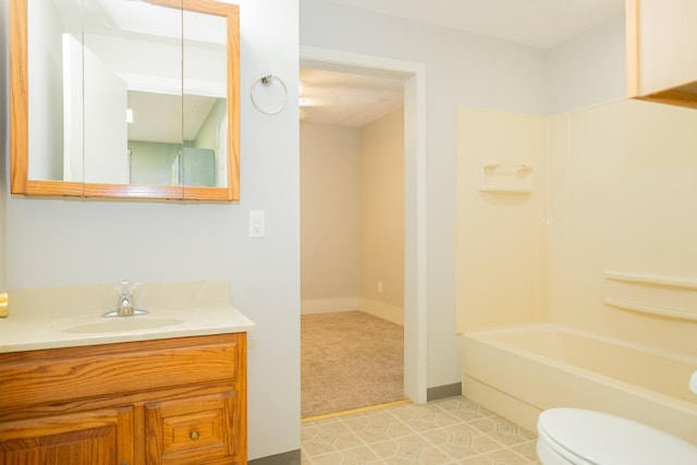 full bathroom featuring bathtub / shower combination, vanity, and toilet