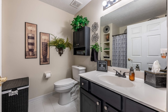 full bath featuring visible vents, toilet, a textured ceiling, tile patterned flooring, and vanity