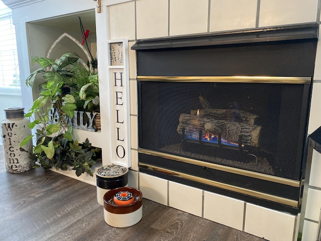 room details featuring a lit fireplace and wood finished floors