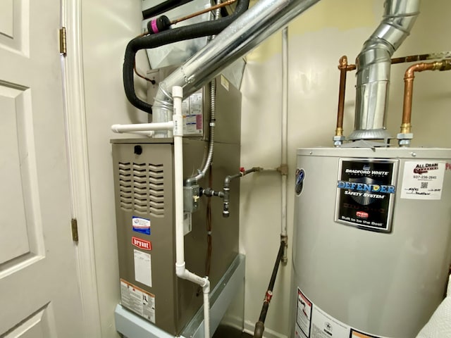 utility room with gas water heater and heating unit