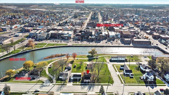 drone / aerial view with a water view