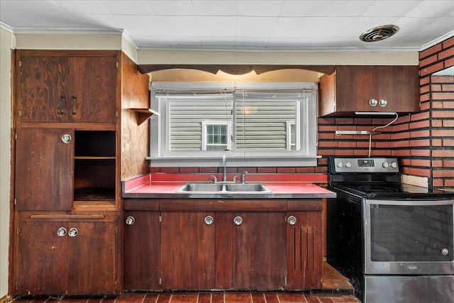 kitchen with crown molding, wall chimney range hood, sink, and electric range