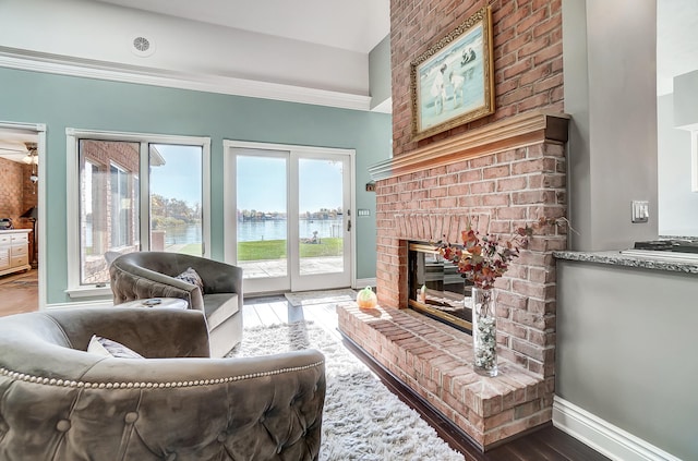 living room with hardwood / wood-style flooring, a water view, and a fireplace