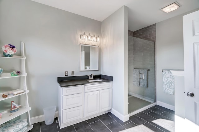 bathroom featuring tile patterned flooring, vanity, and walk in shower