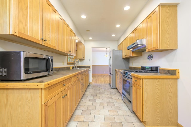20 Snider Rd, New Carlisle, OH 45344 - kitchen with under cabinet range hood, appliances with stainless steel finishes, recessed lighting, a sink, and baseboards
