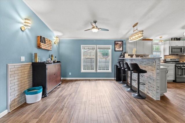 11372 Powhatan Path, Lakeview, OH 43331 - kitchen with appliances with stainless steel finishes, a kitchen breakfast bar, a ceiling fan, wood finished floors, and pendant lighting