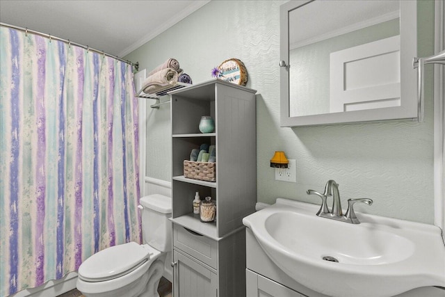 11372 Powhatan Path, Lakeview, OH 43331 - bathroom featuring crown molding, vanity, a textured wall, and a shower with shower curtain