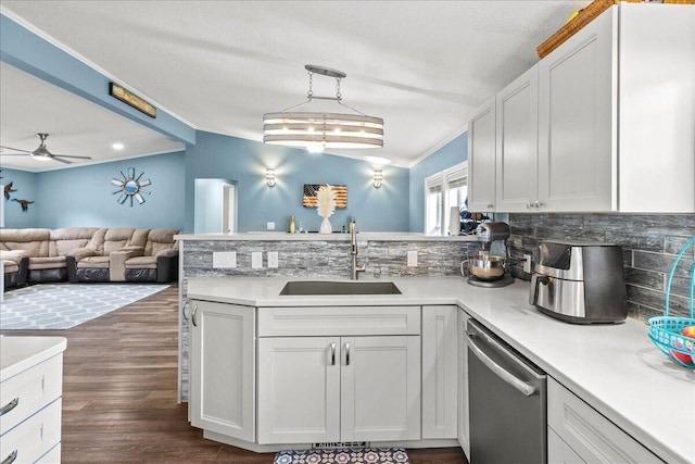 11372 Powhatan Path, Lakeview, OH 43331 - kitchen with dishwasher, a peninsula, open floor plan, tasteful backsplash, and a ceiling fan