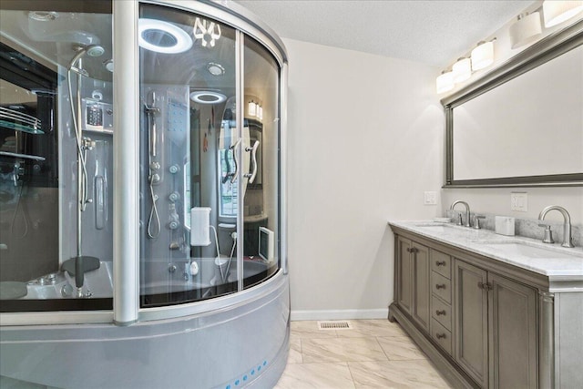 11372 Powhatan Path, Lakeview, OH 43331 - full bathroom featuring an enclosed shower, double vanity, a tub, marble look tile flooring, and a textured ceiling