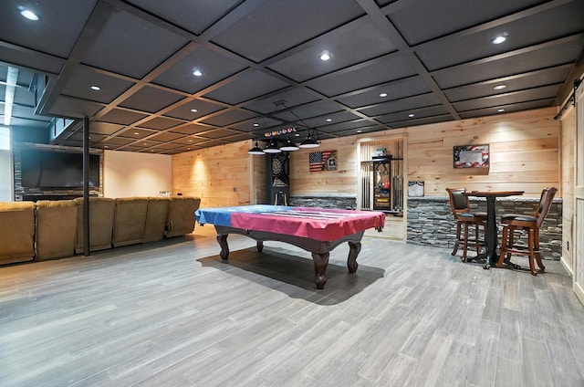 891 N Tecumseh Rd, Springfield, OH 45504 - playroom featuring wooden walls, billiards, wood finished floors, recessed lighting, and coffered ceiling