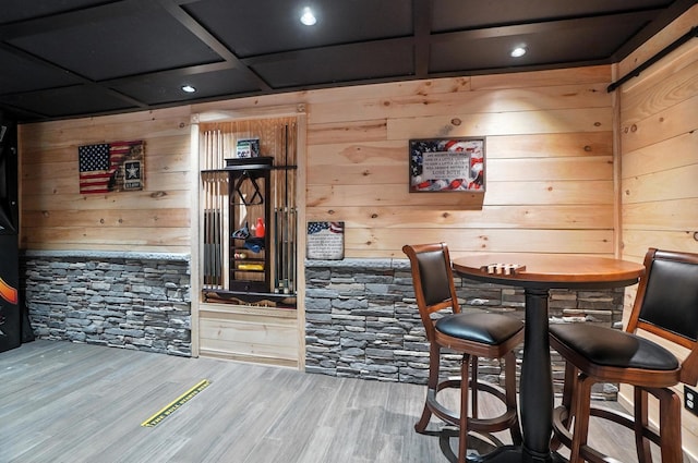891 N Tecumseh Rd, Springfield, OH 45504 - bar area featuring wood walls, wood finished floors, and recessed lighting