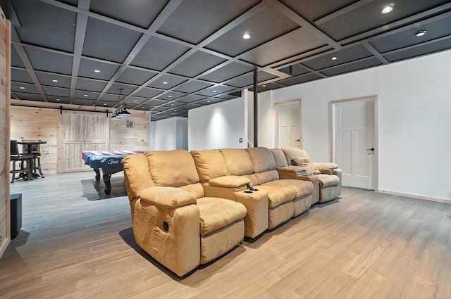 891 N Tecumseh Rd, Springfield, OH 45504 - living room with light wood finished floors, pool table, coffered ceiling, recessed lighting, and wood walls